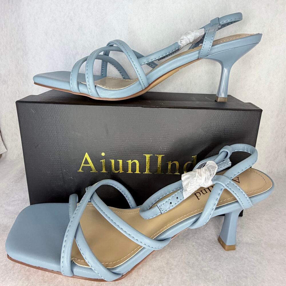 Aiunllnd Womens 7.5 Light Blue Strappy Kitten Heels Homecoming Holiday NIB